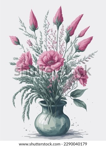 Watercolor Flower Vector. Flower with Vase. Beautiful Flower design for invitation. Pink, Lilac, Yellow, Red, Blue Flowers