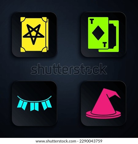 Set Witch hat, Ancient magic book, Carnival garland with flags and Playing cards. Black square button. Vector