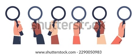 Concept of search, research and analysis, hands holding magnifying glass. Optical tool in hand. Observation or examination. Discovery symbol, website icon. Vector cartoon flat illustration Royalty-Free Stock Photo #2290050983