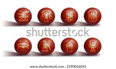 Set line Drum with drum sticks, Jumping trampoline, Circus ticket, Paper glass water, Striker attraction hammer, Attraction carousel,  and Hotdog sandwich icon. Vector Royalty-Free Stock Photo #2290056045
