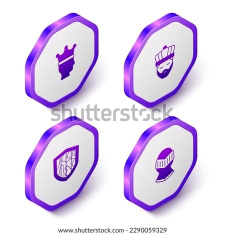 Set Isometric King crown, with, Shield and Medieval helmet icon. Purple hexagon button. Vector
