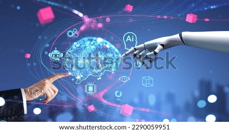 Hands of unrecognizable businessman and robot using immersive artificial intelligence interface in blurry city. Concept of machine learning