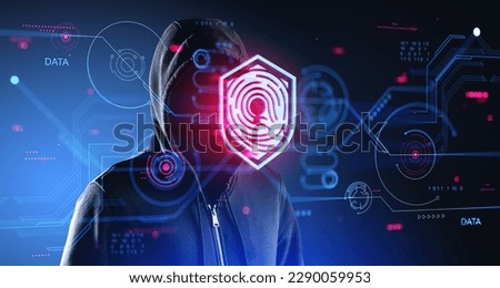 Unrecognizable hacker in black hoodie standing over dark blue background with double exposure of immersive data protection interface. Concept of cyber crime Royalty-Free Stock Photo #2290059953