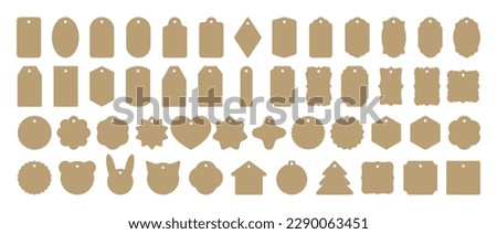 Big set of vector cardboard gift tags, name card, discount label. Templates for cookie cutters or vintage labels. Kraft paper or cardboard label for gift wrapping in retro style. Sticker template. Royalty-Free Stock Photo #2290063451