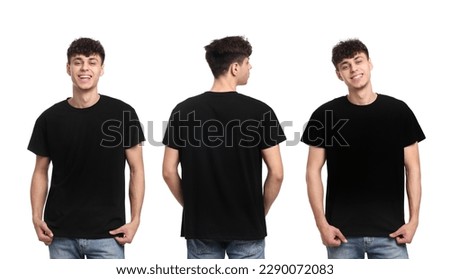 Collage with photos of man in black t-shirt on white background, back and front views. Mockup for design Royalty-Free Stock Photo #2290072083