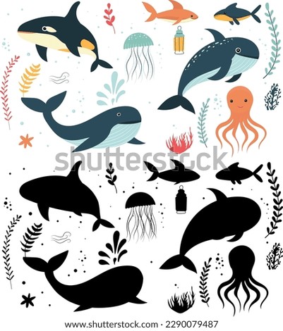 set of sea inhabitants, animals silhouette, vector