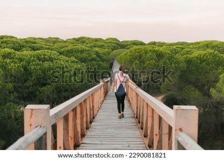 Backview of unknown woman walking across bridge in the middle of a forest at sunset Royalty-Free Stock Photo #2290081821
