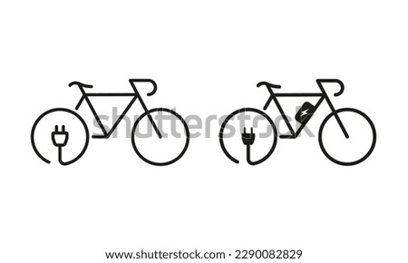 Green Energy Bike Line and Silhouette Icon Set. Ecological Electric Bicycle. Electricity Power Eco Bike with Charge Plug Symbol Collection on White Background. Isolated Vector Illustration.