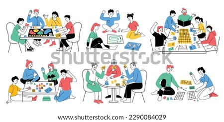 Friends and family playing board games, collection of hand drawn scenes, modern tabletop roleplay games, vector illustration of children’s adventure game, senior card games, hobby and leisure activity Royalty-Free Stock Photo #2290084029
