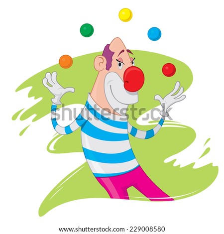 a happy clown juggles balls