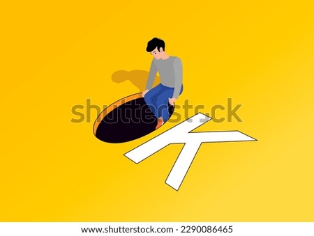 Man sits on the edge of an abyss in thought. Inscription - OK. Situations of no way out. Vector graphics Royalty-Free Stock Photo #2290086465