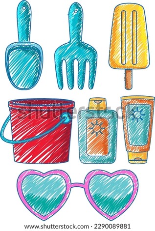 Beach Icons in Pencil Colour Sketch Simple Style illustration