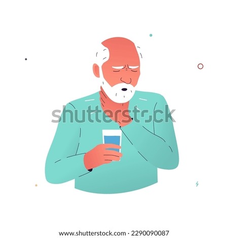 Vector illustration of a man experiencing pain when swallowing. An elderly man suffering from dysphagia holds his throat with his hand. Symptoms of Parkinson's disease, multiple sclerosis, cancer.  Royalty-Free Stock Photo #2290090087