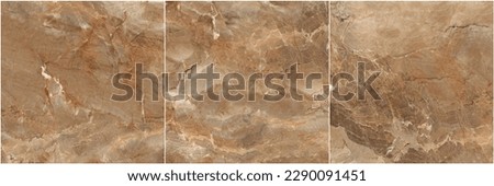 Brown marble texture background, High resolution detailed luxury wall and floor tiles design, Different random parts cut from the same stone, Horizontal 3 tiles design