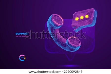 Abstract polygonal call center icon. Digital handset and bubble talk in technology blue purple polygons. Talking with service call support hotline concept. 3d low poly wireframe vector illustration. Royalty-Free Stock Photo #2290092843