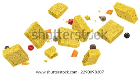 Bouillon cubes isolated on white background, chicken broth concentrate Royalty-Free Stock Photo #2290098307