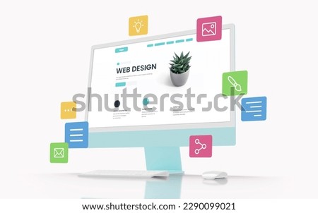 Modern computer display with a web design page on the screen, surrounded by colorful flying web design icons Royalty-Free Stock Photo #2290099021