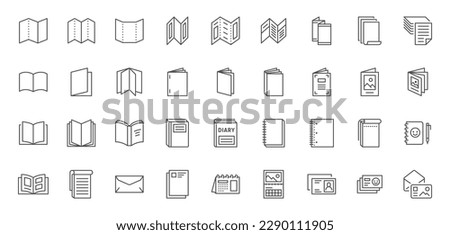 Brochure line icons set. Flyer leaflet, catalogue, booklet, magazine, letterhead, open book and other polygraphy vector illustration. Outline signs for print shop. Editable Stroke Royalty-Free Stock Photo #2290111905