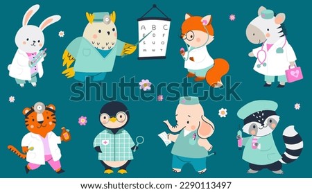 Cartoon animals doctors, funny animals with medical tools, stethoscope and syringe. Kids cute nurses in hospital, nowaday vector characters