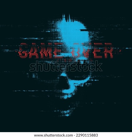 Glitched sign skull with "Game over" sign. Danger internet virus, technical problem or system error. Vector illustration.