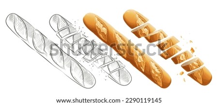 French bread baguette. Long loaf. Rye whole grain baked bread. Vector sketch realistic line vintage illustration. Royalty-Free Stock Photo #2290119145