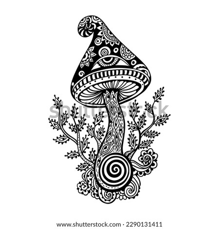 Magic Mushrooms ink. Psychedelic poster. Vector illustration. Zen art. Decorative mushrooms, hippie, psilocybin. 60s, 70s Coloring book page