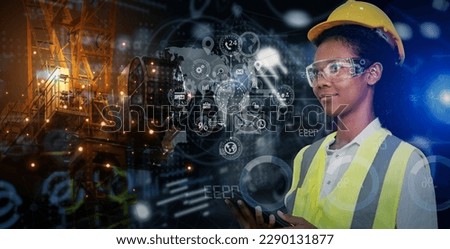 Double exposure of African American businesswoman working on digital technology interfaces icon and construction, Smart industry and digital technology and IOT software concept.  Royalty-Free Stock Photo #2290131877