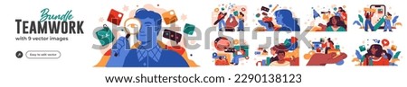 Business Teamwork illustrations. Collection of scenes with men and women taking part in business activities. Trendy style