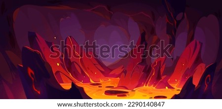 Game background of hell with lava in rock cave. Fantasy landscape of inferno with fiery molten magma flows in stone mountain tunnel, vector cartoon illustration