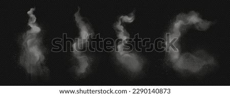 Realistic set of smoke trail in air isolated on transparent background. Vector illustration of ash clouds with small particles flying around. Fast speed movement tail left by aircraft or rocket in sky