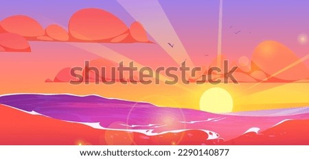Cartoon seascape with sunset on horizon. Vector illustration of sun sitting or rising above ocean surface, birds flying in orange sky with clouds. Beautiful summer nature. Tropical resort panorama Royalty-Free Stock Photo #2290140877