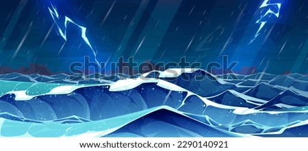 Cartoon stormy seascape with heavy rainfall and lightning strikes. Vector illustration of sea or ocean surface with huge waves, night storm, hurricane wind and thunderstorm. Rocky island on horizon Royalty-Free Stock Photo #2290140921