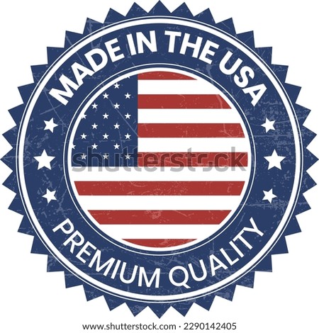 made in usa badge, made in the usa emblem, american flag, made in usa seal, icons, label, stamp, sticker, star vector illustration design for business and sale with grunge texture Royalty-Free Stock Photo #2290142405