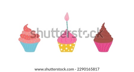 Cute multicolored cream cupcakes of different flavors and colors with a candle. Hand-drawn vector clip-art set for decorating desserts.	
