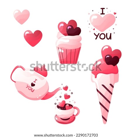 Valentine's Day Vector Set. Pink set of objects for Valentine's Day design for cards, banners or posters in watercolor style. Mail envelope, mailbox and hearts, balloons, bouquet of flowers, teapot