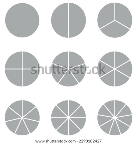 Set of fraction circles with same size. Fraction pie divided into slices. Whole, halves, thirds, quarters, fifths, sixths, sevenths, eighths and ninths fractions. Vector illustration.