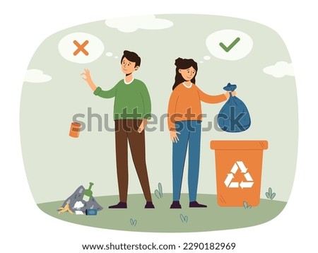 People do and do not throw away trash correctly. Garbage recycling sign, ecology, environment concept. Caring or neglecting the environment. Isolated vector illustration. Royalty-Free Stock Photo #2290182969