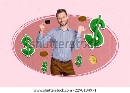 Photo collage artwork minimal picture of confident happy guy rising bank card earning dollars isolated drawing background