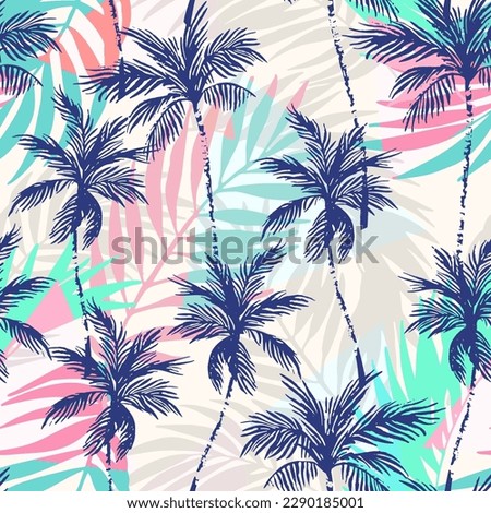 Abstract pink coconut trees on palm leaves background. Tropical palm trees, leaf silhouettes repeat. Vector art illustration for summer design, floral prints, exotic wallpaper, textile, fabric