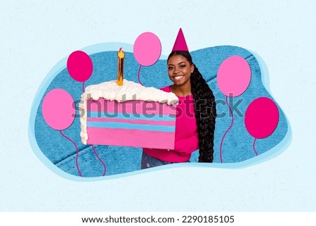 Photo cartoon comics sketch collage picture of happy smiling lady celebrating birthday blowing candle isolated drawing background
