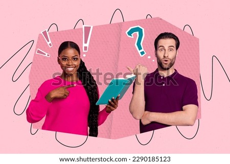 Creative collage picture of two people hold read book point finger exclamation question mark isolated on pink background