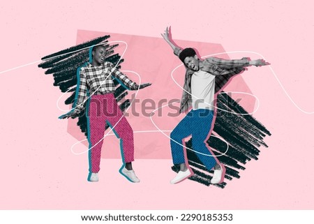 Composite collage portrait of two positive black white gamma people enjoy dancing isolated on drawing pink background