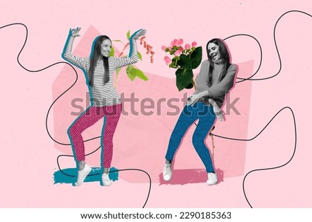 Creative collage image of two black white effect girls dancing chilling fresh flowers isolated on pink background