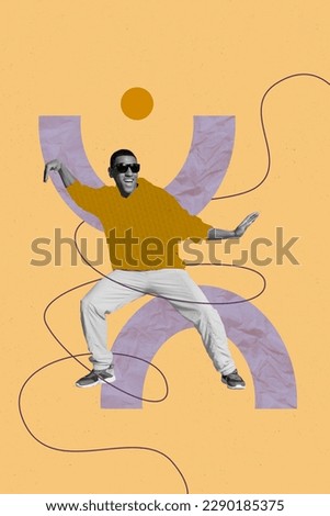 Photo collage artwork minimal picture of happy smiling guy dancing having fun isolated drawing background