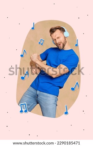 Vertical collage image of excited carefree guy listen music headphones dancing drawing notes isolated on creative background
