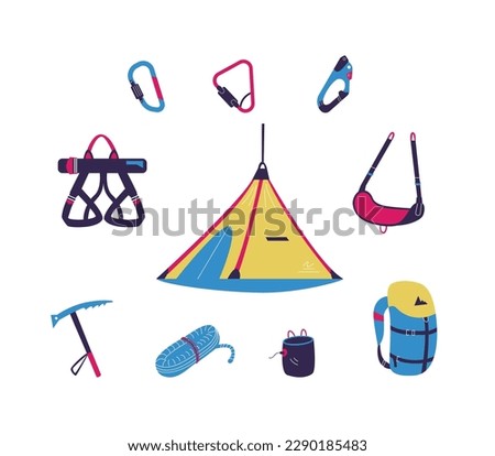 Set of climber equipment flat style, vector illustration isolated on white background. Decorative design elements collection, mountaineering protection tools