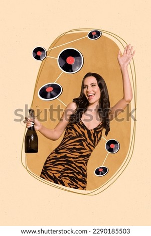 Photo collage artwork minimal picture of funky funny lady dancing drinking champagne isolated drawing background