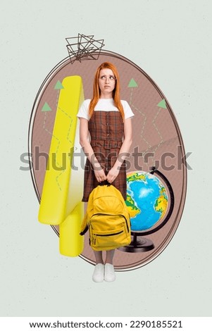 Photo cartoon comics sketch collage picture of doubtful unsure lady scared going new school isolated drawing background