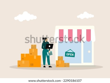 Vector illustration template for landing page, web banner, advertising. We are working again after coronavirus lockdown. Man open a shop, store, small business.