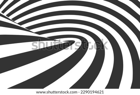 3D black white lines, perspective swirl, digital abstract twirl. Twist spiral vector background. Linear striped illustration, op art, road to horizon dynamic wallpaper. Perspective lines loop, concept Royalty-Free Stock Photo #2290194621